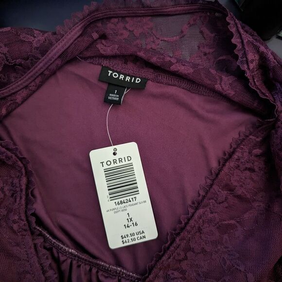 NWT Women's Torrid Purple Babydoll Lace V-Neck Top, Size 1 / 1X - Picture 7 of 7